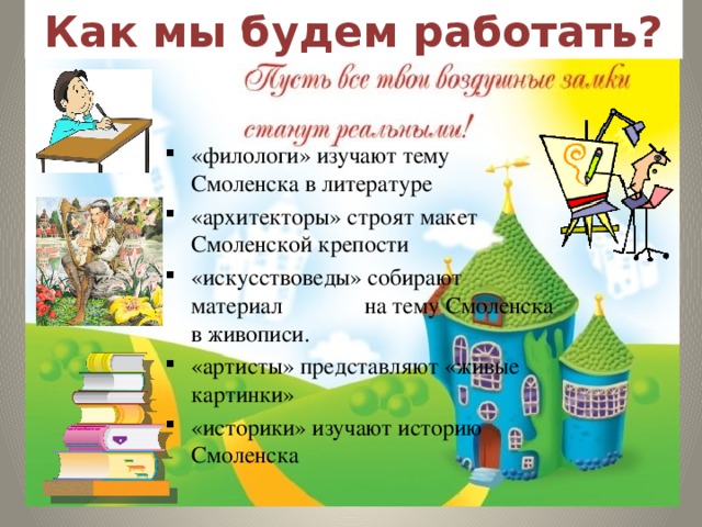 Как мы будем работать? «филологи» изучают тему Смоленска в литературе «архитекторы» строят макет Смоленской крепости «искусствоведы» собирают материал на тему Смоленска в живописи. «артисты» представляют «живые картинки» «историки» изучают историю Смоленска 