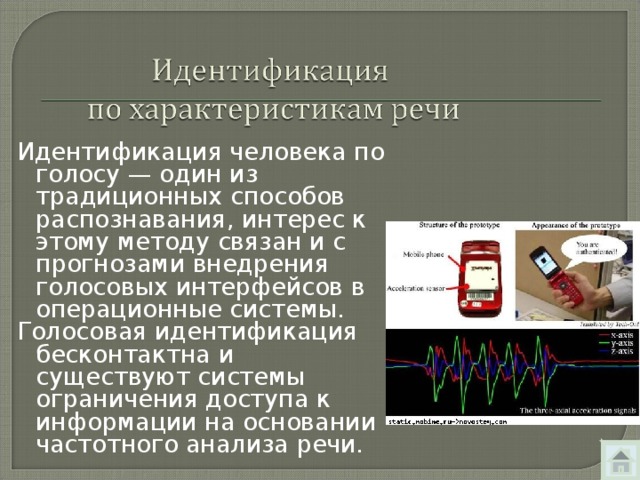 Идентификация человека по голосу — один из традиционных способов распознавания, интерес к этому методу связан и с прогнозами внедрения голосовых интерфейсов в операционные системы. Голосовая идентификация бесконтактна и существуют системы ограничения доступа к информации на основании частотного анализа речи. 