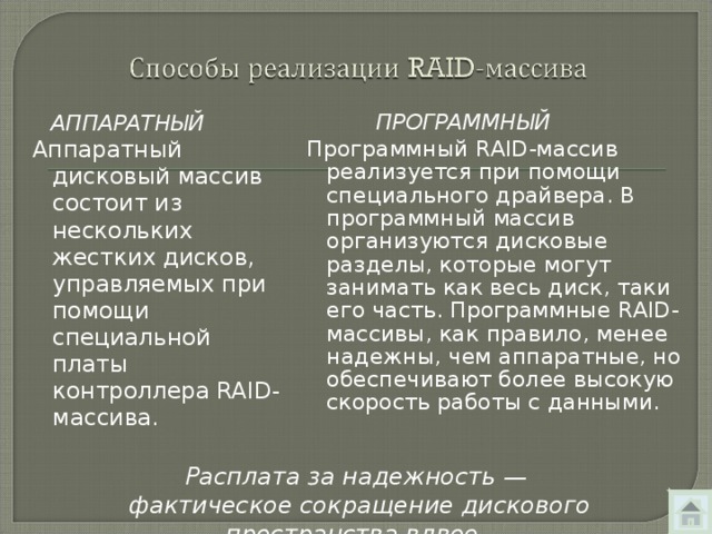 АППАРАТНЫЙ ПРОГРАММНЫЙ Программный RAID -массив реализуется при помощи специального драйвера. В программный массив организуются дисковые разделы, которые могут занимать как весь диск, таки его часть. Программные RAID -массивы, как правило, менее надежны, чем аппаратные, но обеспечивают более высокую скорость работы с данными. Аппаратный дисковый массив состоит из нескольких жестких дисков, управляемых при помощи специальной платы контроллера RAID -массива. Расплата за надежность —  фактическое сокращение дискового пространства вдвое. 