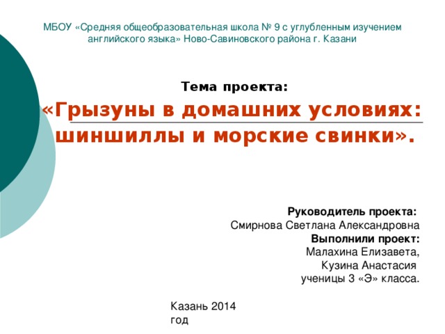 МБОУ «Средняя общеобразовательная школа № 9 с углубленным изучением английского языка» Ново-Савиновского района г. Казани   Тема проекта: «Грызуны в домашних условиях : шиншиллы и морские свинки» . Руководитель проекта: Смирнова Светлана Александровна Выполнили проект: Малахина Елизавета, Кузина Анастасия ученицы 3 «Э» класса. 