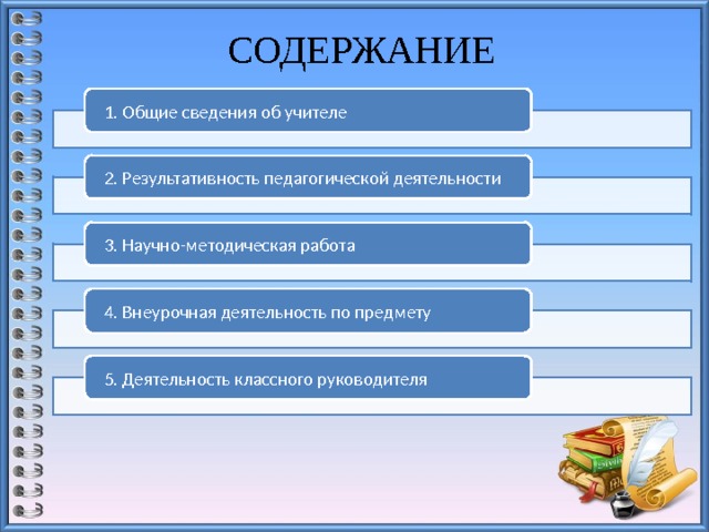  СОДЕРЖАНИЕ 1. Общие сведения об учителе 2. Результативность педагогической деятельности 3. Научно-методическая работа 4. Внеурочная деятельность по предмету 5. Деятельность классного руководителя 