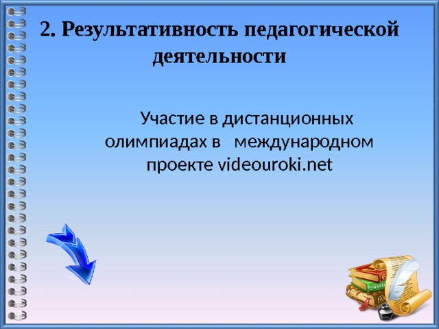 2. Результативность педагогической деятельности  Участие в дистанционных олимпиадах в международном проекте videouroki.net 