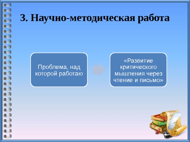 3. Научно-методическая работа Проблема, над которой работаю «Развитие критического мышления через чтение и письмо» 