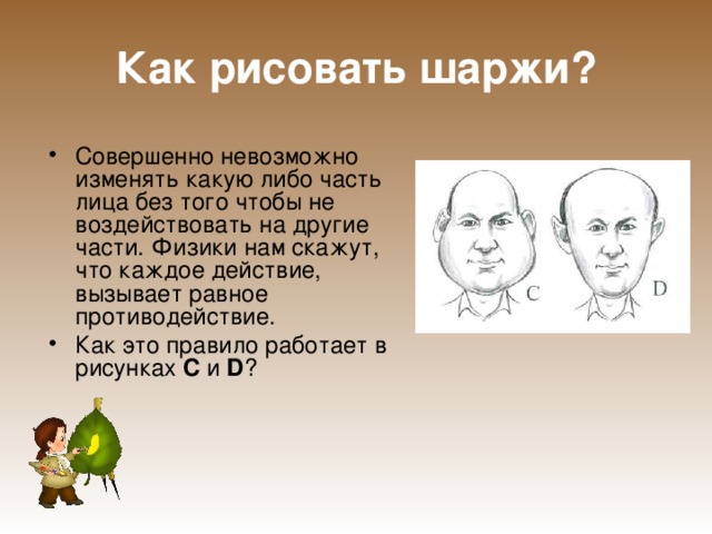Как рисовать шаржи? Совершенно невозможно изменять какую либо часть лица без того чтобы не воздействовать на другие части. Физики нам скажут, что каждое действие, вызывает равное противодействие. Как это правило работает в рисунках С и D ? 