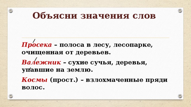 Объясни значения слов Просека – полоса в лесу, лесопарке, очищенная от деревьев. Валежник – сухие сучья, деревья, упавшие на землю. Космы (прост.) – взлохмаченные пряди волос. 