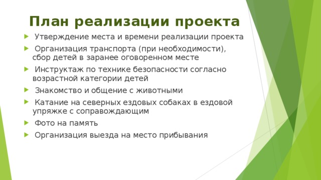 План реализации проекта  Утверждение места и времени реализации проекта  Организация транспорта (при необходимости), сбор детей в заранее оговоренном месте  Инструктаж по технике безопасности согласно возрастной категории детей  Знакомство и общение с животными  Катание на северных ездовых собаках в ездовой упряжке с соправождающим  Фото на память  Организация выезда на место прибывания 