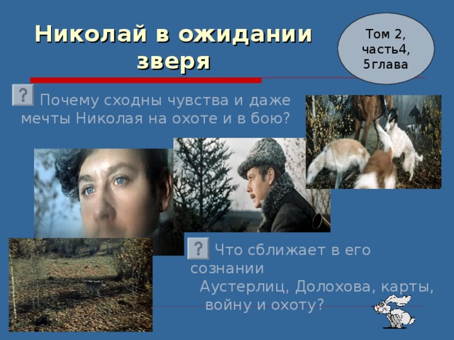 Том 2, часть4, 5глава Николай в ожидании зверя  Почему сходны чувства и даже мечты Николая на охоте и в бою?  Что сближает в его сознании  Аустерлиц, Долохова, карты,  войну и охоту? 