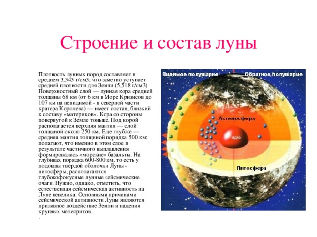Строение и состав луны  Плотность лунных пород составляет в среднем 3,343 г/см3, что заметно уступает средней плотности для Земли (5,518 г/см3) Поверхностный слой — лунная кора средней толщины 68 км (от 6 км в Море Кризисов до 107 км на невидимой - в северной части кратера Королева) — имеет состав, близкий к составу «материков». Кора со стороны повернутой к Земле тоньше. Под корой располагается верхняя мантия — слой толщиной около 250 км. Еще глубже — средняя мантия толщиной порядка 500 км; полагают, что именно в этом слое в результате частичного выплавления формировались «морские» базальты. На глубинах порядка 600-800 км, то есть у подошвы твердой оболочки Луны - литосферы, располагаются глубокофокусные лунные сейсмические очаги. Нужно, однако, отметить, что естественная сейсмическая активность на Луне невелика. Основными причинами сейсмической активности Луны являются приливное воздействие 3емли и падения крупных метеоритов.  . 
