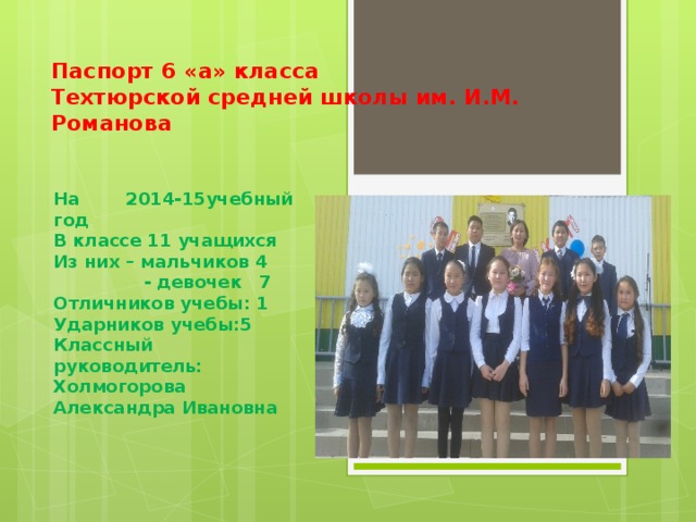 Паспорт 6 «а» класса  Техтюрской средней школы им. И.М. Романова   На 2014-15учебный год В классе 11 учащихся Из них – мальчиков 4  - девочек 7 Отличников учебы: 1 Ударников учебы:5 Классный руководитель: Холмогорова Александра Ивановна  