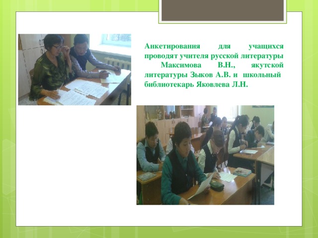Анкетирования для учащихся проводят учителя русской литературы Максимова В.Н., якутской литературы Зыков А.В. и школьный библиотекарь Яковлева Л.Н. 