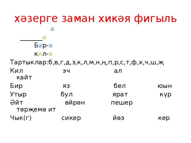       хәзерге заман хикәя фигыль          а  _______ ә  Б а р- а  к и л- ә Тартыклар:б,в,г,д,з,к,л,м,н,ң,п,р,с,т,ф,х,ч,ш,җ Кил эч ал кайт Бир яз бел юын Утыр бул ярат күр Әйт өйрән пешер тәрҗемә ит Чык(г) сикер йөз кер  