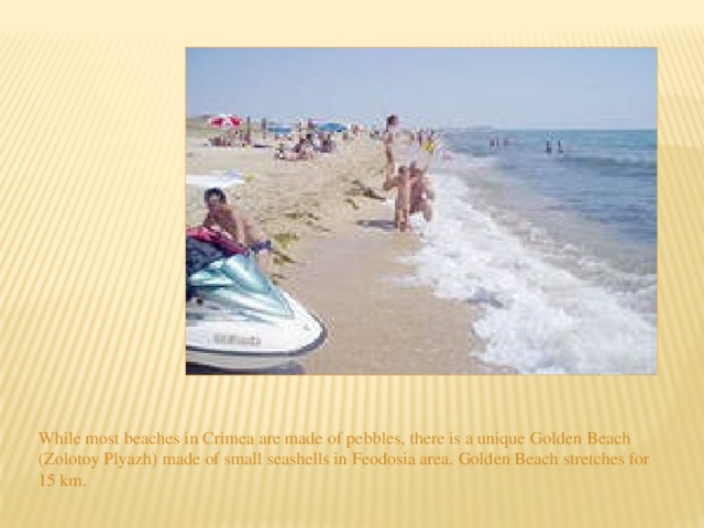 While most beaches in Crimea are made of pebbles, there is a unique Golden Beach (Zolotoy Plyazh) made of small seashells in Feodosia area. Golden Beach stretches for 15 km. 