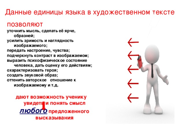  Данные единицы языка в художественном тексте позволяют уточнить мысль, сделать её ярче, образней; усилить зримость и наглядность изображаемого; передать настроение, чувства; подчеркнуть контраст в изображаемом; выразить психофизическое состояние человека, дать оценку его действиям; охарактеризовать героя; создать звуковой образ; оттенить авторское отношение к изображаемому и т.д. дают возможность ученику увидеть и понять смысл любого предложенного высказывания 