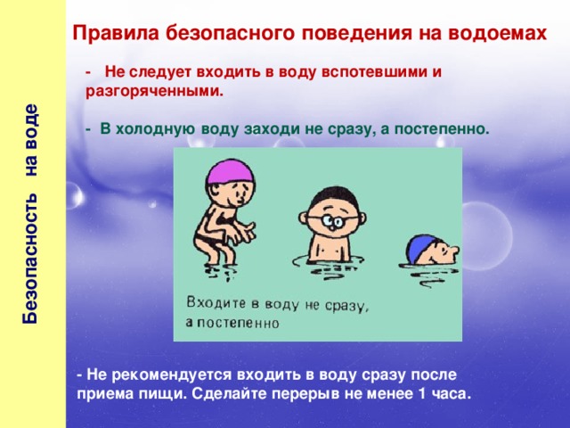  Безопасность на воде  Правила безопасного поведения на водоемах - Не следует входить в воду вспотевшими и разгоряченными.  - В холодную воду заходи не сразу, а постепенно. - Не рекомендуется входить в воду сразу после приема пищи. Сделайте перерыв не менее 1 часа. 