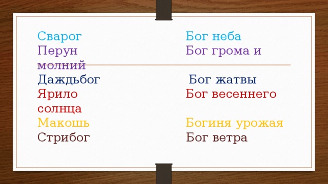 Сварог Бог неба  Перун Бог грома и молний  Даждьбог Бог жатвы  Ярило Бог весеннего солнца  Макошь Богиня урожая  Стрибог Бог ветра   