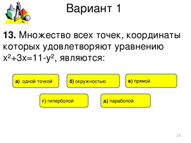 Вариант 1 13. Множество всех точек, координаты которых удовлетворяют уравнению х²+3х=11-у², являются: в) прямой б) окружностью а) одной точкой г) гиперболой  д) параболой  