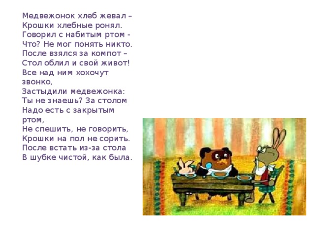 Медвежонок хлеб жевал – Крошки хлебные ронял. Говорил с набитым ртом - Что? Не мог понять никто. После взялся за компот – Стол облил и свой живот! Все над ним хохочут звонко, Застыдили медвежонка: Ты не знаешь? За столом Надо есть с закрытым ртом, Не спешить, не говорить, Крошки на пол не сорить. После встать из-за стола В шубке чистой, как была. 