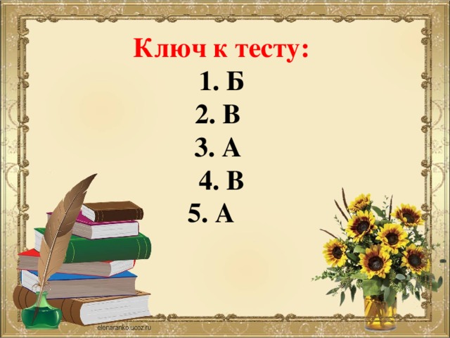 Ключ к тесту: 1. Б 2. В 3. А 4. В 5. А 