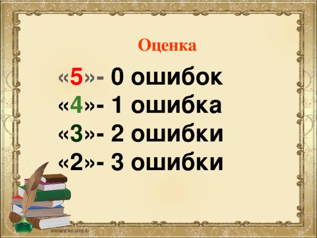 Оценка « 5 »- 0 ошибок « 4 »- 1 ошибка « 3 »- 2 ошибки «2»- 3 ошибки 