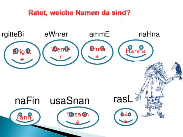 rgitteBi  eWnrer  ammE  naHna  naFin  usaSnan – Werner Emma Hanna Brigitte rasL  Susanna Fanni Lars