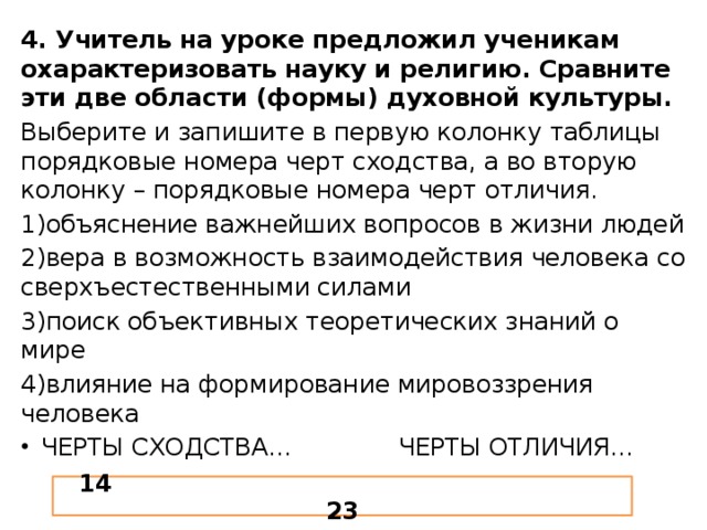 4. Учитель на уроке предложил ученикам охарактеризовать науку и религию. Сравните эти две области (формы) духовной культуры. Выберите и запишите в первую колонку таблицы порядковые номера черт сходства, а во вторую колонку – порядковые номера черт отличия. 1)объяснение важнейших вопросов в жизни людей 2)вера в возможность взаимодействия человека со сверхъестественными силами 3)поиск объективных теоретических знаний о мире 4)влияние на формирование мировоззрения человека ЧЕРТЫ СХОДСТВА... ЧЕРТЫ ОТЛИЧИЯ... 14 23 