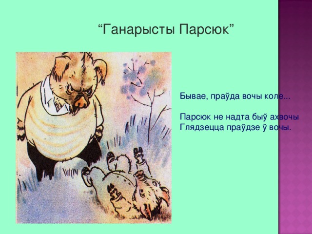 “ Ганарысты Парсюк”  Бывае, праўда вочы коле... Парсюк не надта быў ахвочы Глядзецца праўдзе ў вочы. 