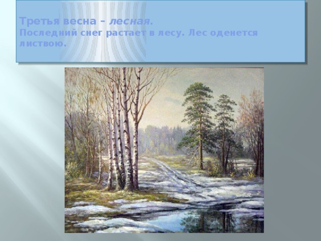  Третья весна – лесная.   Последний снег растает в лесу. Лес оденется листвою.    