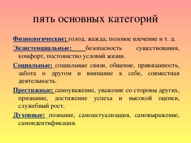 пять основных категорий Физиологические : голод, жажда, половое влечение и т. д. Экзистенциальные:  безопасность существования, комфорт, постоянство условий жизни. Социальные:  социальные связи, общение, привязанность, забота о другом и внимание к себе, совместная деятельность. Престижные : самоуважение, уважение со стороны других, признание, достижение успеха и высокой оценки, служебный рост. Духовные:  познание, самоактуализация, самовыражение, самоидентификация.