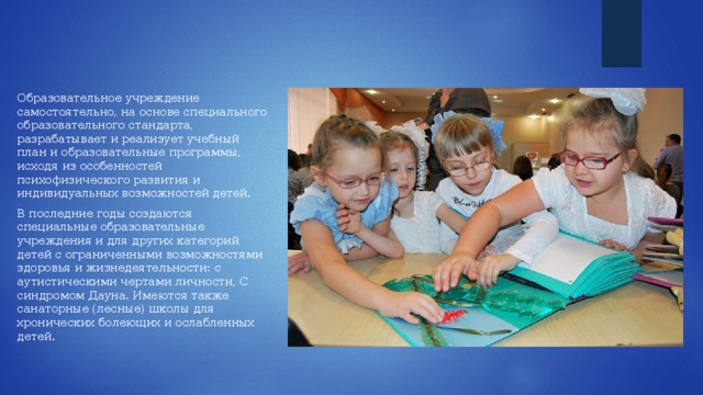 Образовательное учреждение самостоятельно, на основе специального образовательного стандарта, разрабатывает и реализует учебный план и образовательные программы, исходя из особенностей психофизического развития и индивидуальных возможностей детей. В последние годы создаются специальные образовательные учреждения и для других категорий детей с ограниченными возможностями здоровья и жизнедеятельности: с аутистическими чертами личности, С синдромом Дауна. Имеются также санаторные (лесные) школы для хронических болеющих и ослабленных детей. 