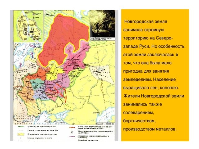   Новгородская земля занимала огромную территорию на Северо-западе Руси. Но особенность этой земли заключалась в том, что она была мало пригодна для занятия земледелием. Население выращивало лен, коноплю. Жители Новгородской земли занимались также солеварением, бортничеством, производством металлов.  