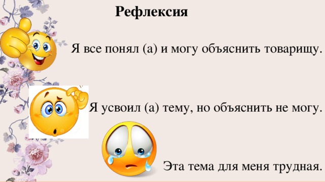 Рефлексия Я все понял (а) и могу объяснить товарищу. Я усвоил (а) тему, но объяснить не могу. Эта тема для меня трудная. 