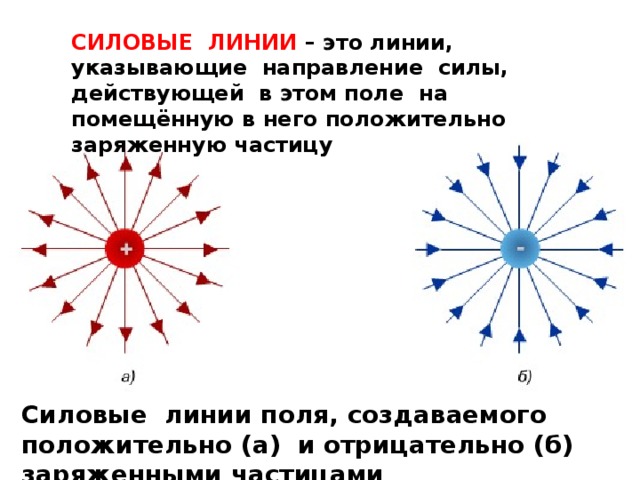 СИЛОВЫЕ ЛИНИИ – это линии, указывающие направление силы, действующей в этом поле на помещённую в него положительно заряженную частицу Силовые линии поля, создаваемого положительно (а) и отрицательно (б) заряженными частицами 