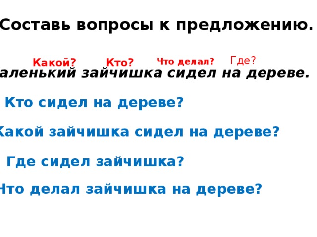 Составь вопросы к предложению. Где? Какой? Кто? Что делал? Маленький зайчишка сидел на дереве. Кто сидел на дереве? Какой зайчишка сидел на дереве? Где сидел зайчишка? Что делал зайчишка на дереве? 