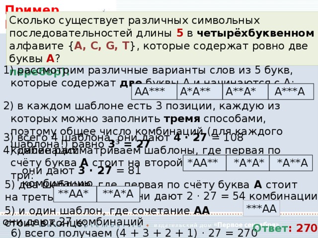 Пример II: Сколько существует различных символьных последовательностей длины 5 в четырёхбуквенном алфавите { A, C, G, T }, которые содержат ровно две буквы A ? Решение ( 1 вариант , перебор):  рассмотрим различные варианты слов из 5 букв, которые содержат две буквы А и начинаются с А: АА*** А*А**  А**А*  А***А  в каждом шаблоне есть 3 позиции, каждую из которых можно заполнить тремя способами, поэтому общее число комбинаций (для каждого шаблона!) равно 3 3 = 27  всего 4 шаблона, они дают 4 · 27 = 108 комбинаций  далее рассматриваем шаблоны, где первая по счёту буква А стоит на второй позиции, их всего три: *АА**  *А*А*  *А**А они дают 3 · 27 = 81 комбинацию  два шаблона, где первая по счёту буква А стоит на третьей позиции: **АА* **А*А они дают 2 · 27 = 54 комбинации ***АА  и один шаблон, где сочетание АА стоит в конце: они дают 27 комбинаций Ответ : 270  всего получаем (4 + 3 + 2 + 1) · 27 = 270 комбинаций 
