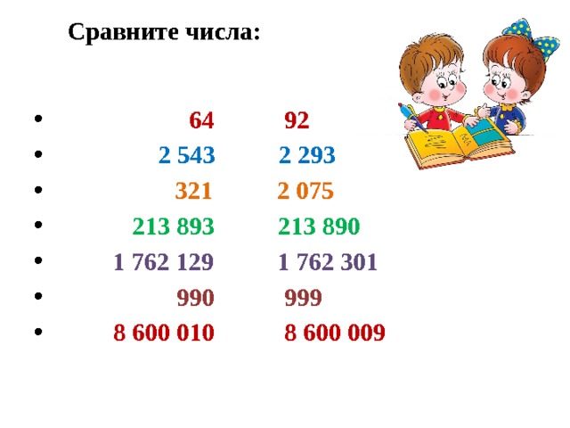 Сравните числа:  64 92  2 543 2 293  321 2 075  213 893 213 890  1 762 129 1 762 301  990 999  8 600 010 8 600 009  