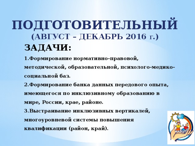 ПОДГОТОВИТЕЛЬНЫЙ (АВГУСТ – ДЕКАБРЬ 2016 Г .) ЗАДАЧИ:  1.Формирование нормативно-правовой, методической, образовательной, психолого-медико-социальной баз.  2.Формирование банка данных передового опыта, имеющегося по инклюзивному образованию в мире, России, крае, районе.  3.Выстраивание инклюзивных вертикалей, многоуровневой системы повышения квалификации (район, край).