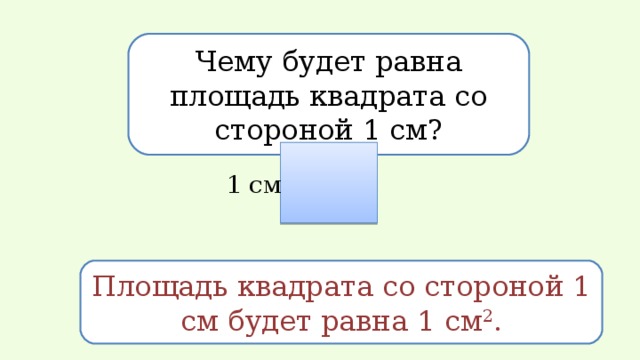 Чему будет равна площадь квадрата со стороной 1 см? 1 см Площадь квадрата со стороной 1 см будет равна 1 см 2 . 