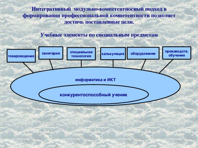 Интегративный модульно-компетентносный подход в формировании профессиональной компетентности позволяет достичь поставленные цели.   Учебные элементы по специальным предметам   санитария производств. обучение оборудование калькуляция специальная технология товароведение информатика и ИКТ конкурентоспособный ученик 