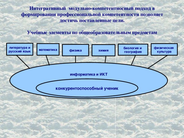 Интегративный модульно-компетентносный подход в формировании профессиональной компетентности позволяет достичь поставленные цели.   Учебные элементы по общеобразовательным предметам   литература и русский язык математика физическая культура биология и география физика химия информатика и ИКТ конкурентоспособный ученик 