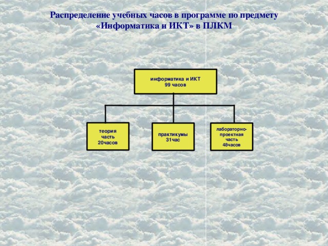 Распределение учебных часов в программе по предмету «Информатика и ИКТ» в ПЛКМ      информатика и ИКТ 99 часов теория часть 20часов практикумы 31час лабораторно- проектная часть 48часов 