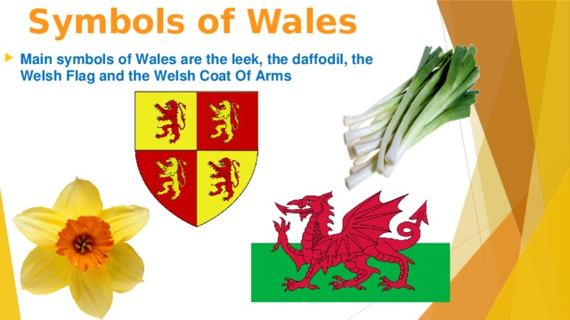  Symbols of Wales Main symbols of Wales are the leek, the daffodil, the Welsh Flag and the Welsh Coat Of Arms  