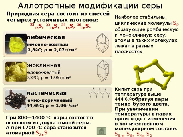 Аллотропные модификации серы Природная сера состоит из смесей четырех устойчивых изотопов:  32 16 S, 33 16 S, 34 16 S, 36 16 S. Наиболее стабильны циклические молекулы S 8 , образующие ромбическую и моноклинную серу, атомы в таких молекулах лежат в разных плоскостях. Сера ромбическая цвет – лимонно-желтый t пл. = 112,8 ºС; ρ = 2,07г/см 3 цвет – лимонно-желтый t пл. = 112,8 ºС; ρ = 2,07г/см 3 Сера моноклинная цвет – медово-желтый t пл. = 119,3ºС; ρ = 1,96г/см 3 цвет – медово-желтый t пл. = 119,3ºС; ρ = 1,96г/см 3 Кипит сера при температуре выше 444,6, ºобразуя пары темно–бурого цвета. При увеличении температуры в парах происходят изменения в количественном молекулярном составе. S 8 ► S 6 ► S 4 ► S 2 Сера пластическая цвет – темно-коричневый t кип. = 444,6ºС; ρ = 1,96г/см 3 цвет – темно-коричневый t кип. = 444,6ºС; ρ = 1,96г/см 3 При 800—1400 °C пары состоят в основном из двухатомной серы. А при 1700 °C сера становится атомарной  S 2 ► S 