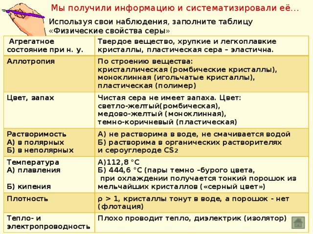 Физические свойства серы 9 класс