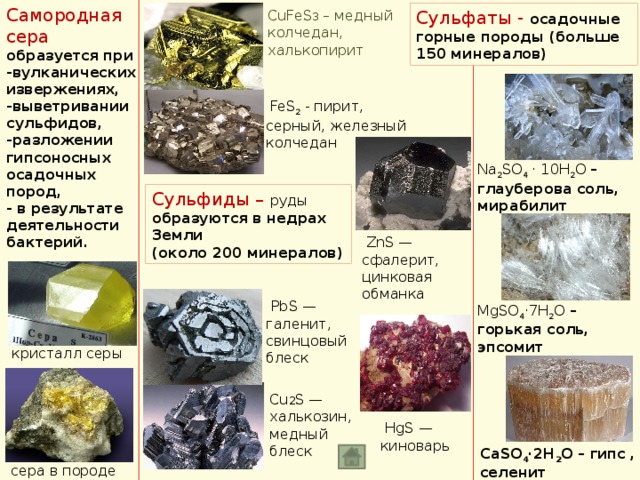 Самородная сера  образуется при -вулканических извержениях, -выветривании сульфидов, -разложении гипсоносных осадочных пород, - в результате деятельности бактерий. CuFeS 3 – медный колчедан, Сульфаты - осадочные горные породы  (больше 150 минералов) халькопирит   FeS 2  - пирит, серный, железный колчедан  Na 2 SO 4 · 10H 2 O – глауберова соль, мирабилит Сульфиды – руды  образуются в недрах Земли (около 200 минералов)   ZnS — сфалерит, цинковая обманка   PbS — галенит, свинцовый блеск MgSO 4 ·7H 2 O – горькая соль, эпсомит кристалл серы Cu 2 S — халькозин, медный блеск   HgS — киноварь CaSO 4 ·2H 2 O – гипс , селенит сера в породе 