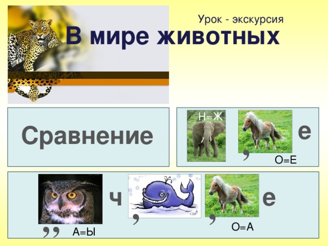 Урок - экскурсия В мире животных Н=Ж е Сравнение , О=Е ч е , , , , О=А А=Ы