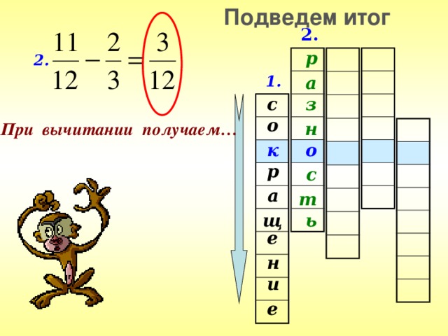 Подведем итог 2. р 2. 1. а з с о н При вычитании получаем… к о р с а т щ ь е н и е