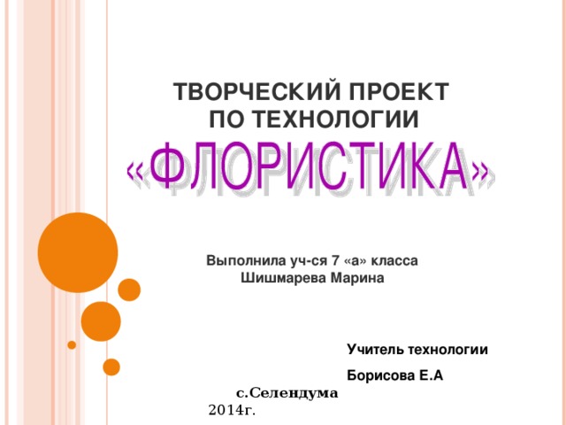 ТВОРЧЕСКИЙ ПРОЕКТ  ПО ТЕХНОЛОГИИ           Выполнила уч-ся 7 «а» класса  Шишмарева Марина   Учитель технологии Борисова Е.А  с.Селендума 2014г.  
