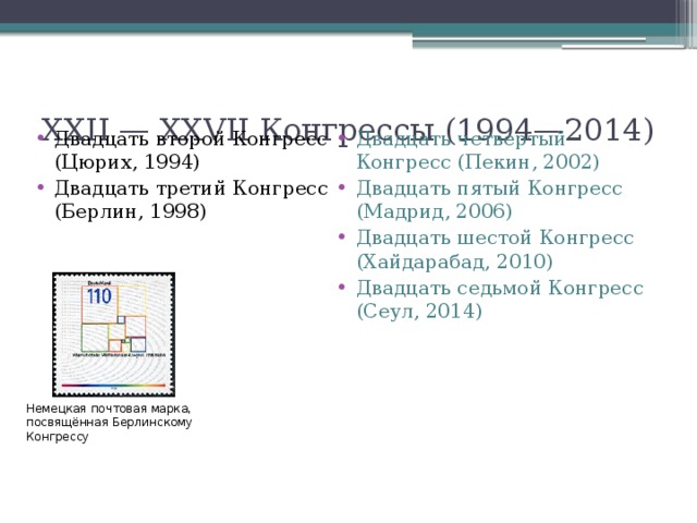 XXII — XXVII Конгрессы (1994—2014) Двадцать второй Конгресс (Цюрих, 1994) Двадцать третий Конгресс (Берлин, 1998) Двадцать четвёртый Конгресс (Пекин, 2002) Двадцать пятый Конгресс (Мадрид, 2006) Двадцать шестой Конгресс (Хайдарабад, 2010) Двадцать седьмой Конгресс (Сеул, 2014) Немецкая почтовая марка, посвящённая Берлинскому Конгрессу 