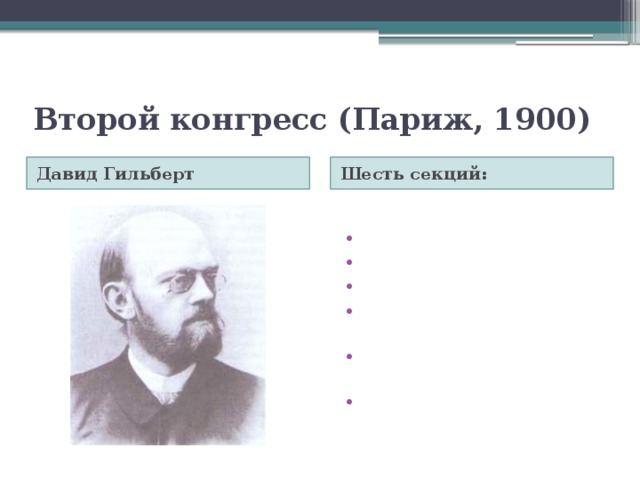 Второй конгресс (Париж, 1900) Давид Гильберт Шесть секций: Арифметика и алгебра Анализ Геометрия Механика и математическая физика История и библиография математики Преподавание и методология математики 