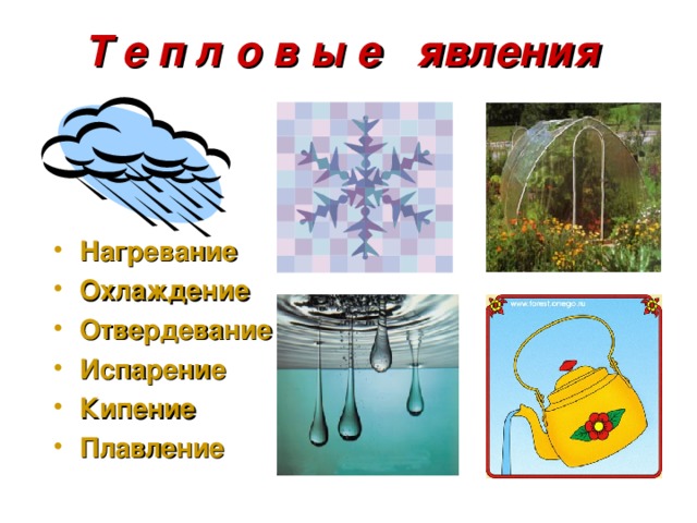 Т е п л о в ы е явления Нагревание Охлаждение Отвердевание Испарение Кипение Плавление  